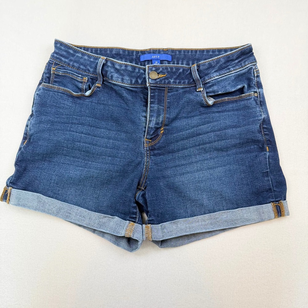 Apt. 9 Womens Size 14 Dark Wash Cuffed Denim Shorts Blue Mid Rise Stretch Jean